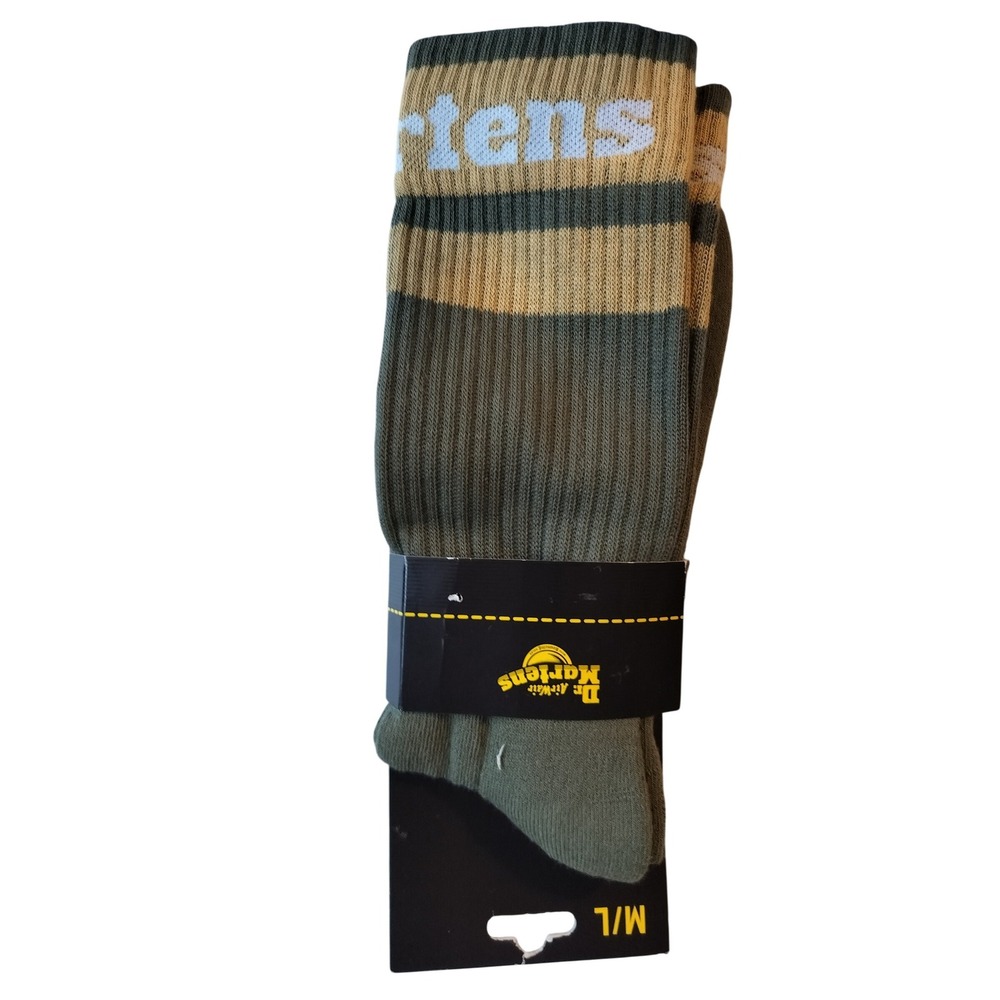 Dr Martens Logo‎ Crew Socks Olive Green/ Yellow Striped Cotton Blend M/L New